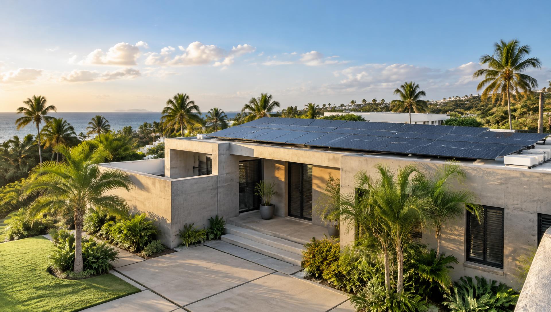 Casa moderna en Puerto Rico con placas solares instaladas en el techo